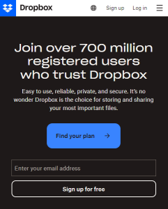 Dropbox website In the mobile version